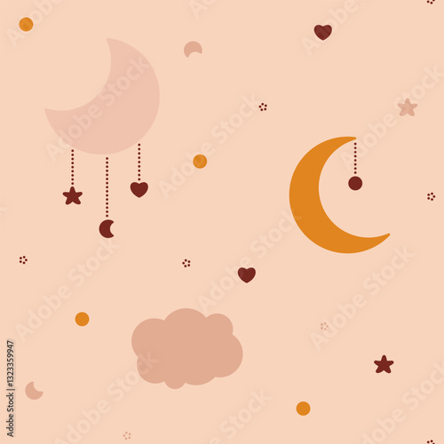 Boho baby seamless pattern with moon heart star crescent.