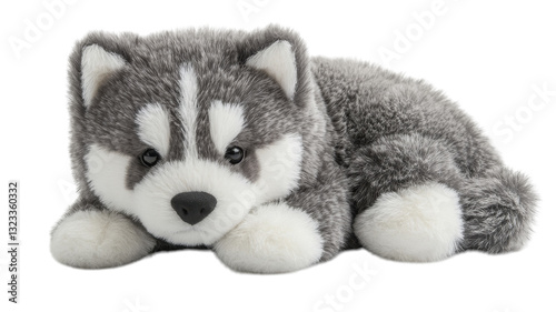Soft and cuddly plush husky resting quietly on a white surface