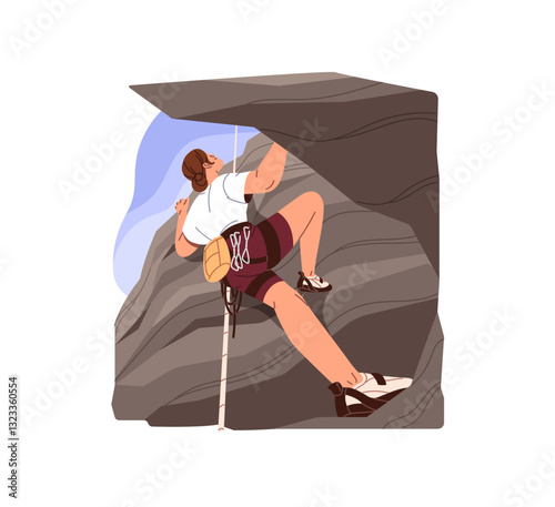 Climber with harness is rock climbing. Alpinist with safety rope is mountaineering, bouldering. Woman does alpinism on mountain, high cliff. Flat isolated vector illustration on white background