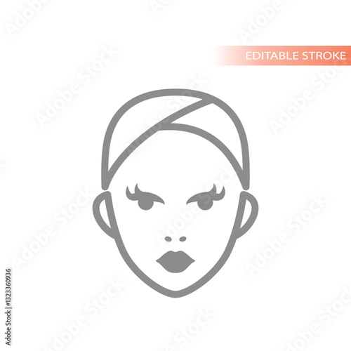 Female face with towel, cosmetics line icon. Beauty routine, skin care and cosmetology vector.