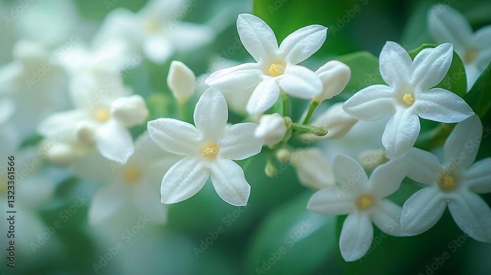 Obraz premium Close-up of delicate white star jasmine flowers, perfect for Mother's Day designs or floral arrangements, evoking purity and serenity.
