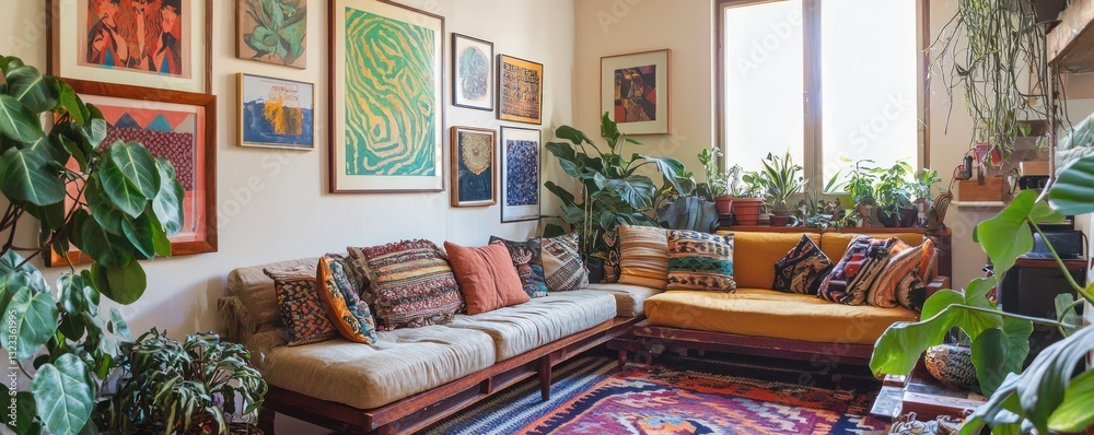 Bohemian-style living room with eclectic decor and plants.