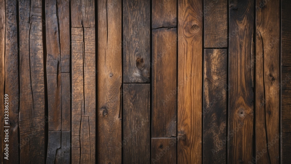 Naklejka premium Dark brown wooden wall texture with vertical planks, showcasing rich grain patterns and varying shades for a rustic, natural feel.