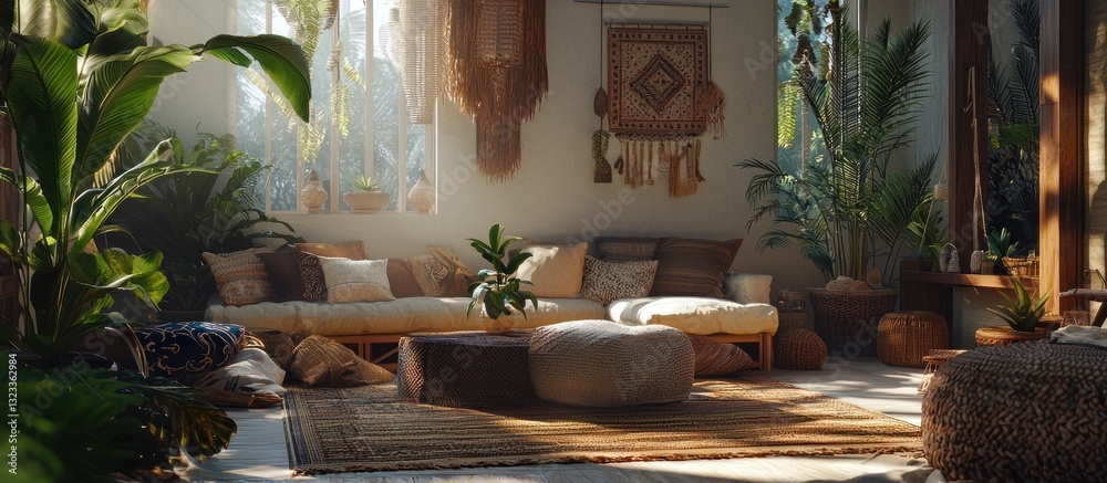 Bohemian-style lounge with natural decor and gradient frame.