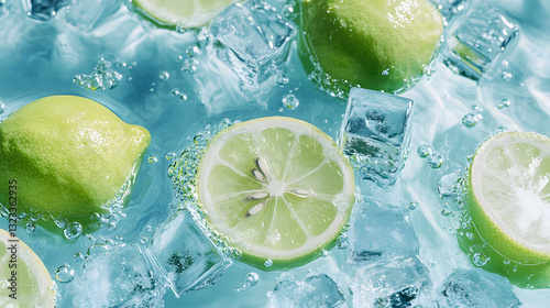 
A few photos of green lemons and ice cubes with a light blue water background, transparent texture style, anime aesthetics, Y2K aesthetic, bold color scheme, high level of detail, cute cartoon design