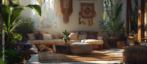 Obraz na płótnie Bohemian-style lounge with natural decor and gradient frame. w salonie