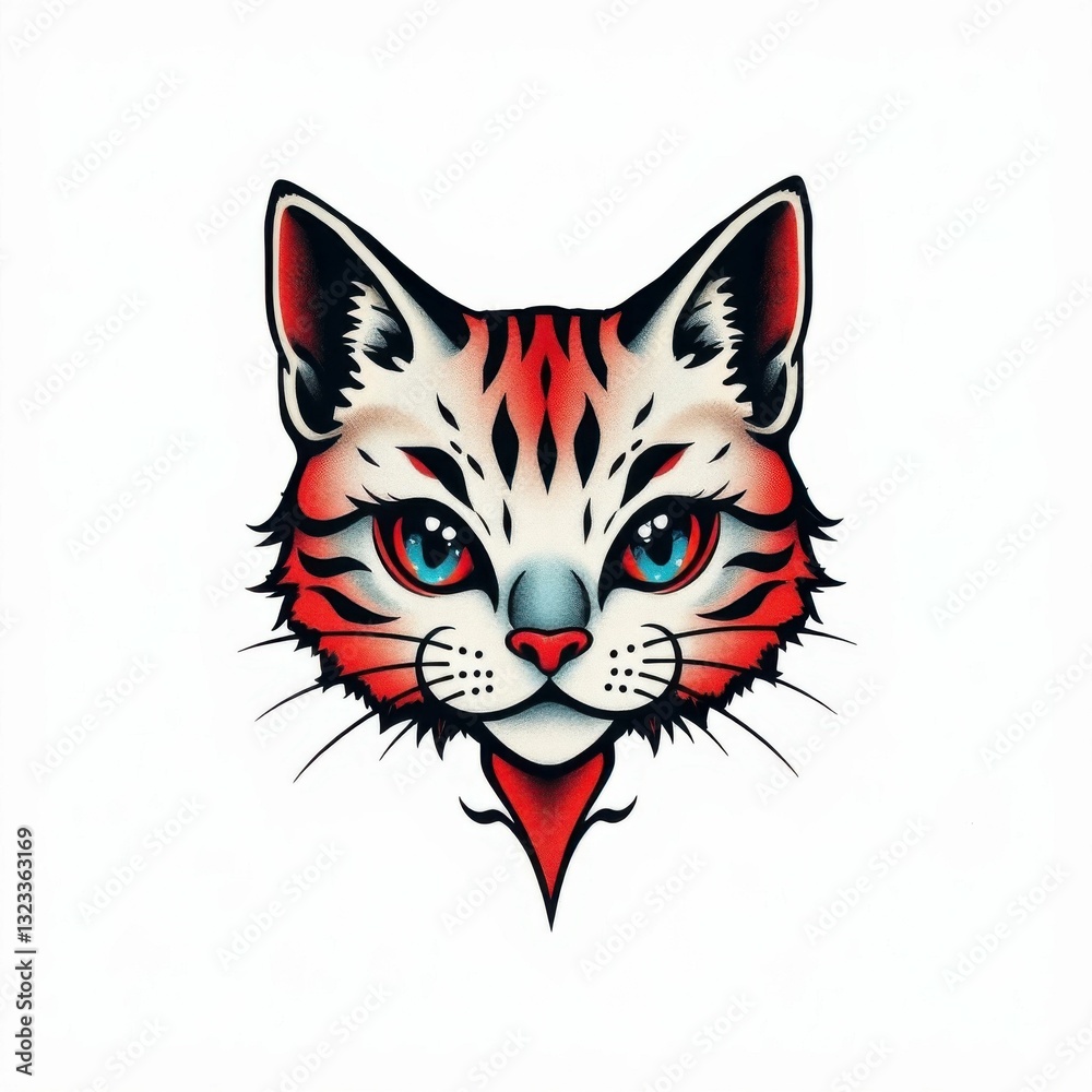 Obraz premium Artistic Cat Tattoo: A striking, stylized illustration of a cat's face with a distinctive tattoo aesthetic.