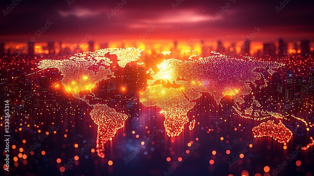 Fototapeta premium Vibrant digital world map illuminated by glowing lights against a sunset city skyline