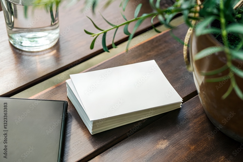Fototapeta premium Blank business card mockup on a wooden desk with soft natural lighting. Ideal for corporate branding, identity design, and business presentations. High-resolution realistic setup.
