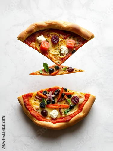 Quantum Layered Pizza: A pizza with layers that appear to hover over one another, each containing ingredients from different cuisines, creating a visually impossible yet coherent dish
