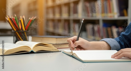 Person writing notes in library with books and pencils