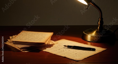 Vintage letters and fountain pen on wooden desk illuminated by lamp