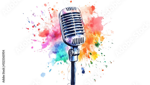 Colorful Microphone Watercolor Art on transparent background