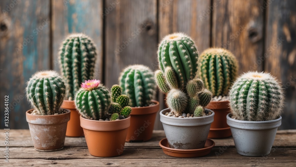 Cacti in terracotta and gray pots arranged on a rustic wooden surface with a weathered backdrop in earthy tones, showcasing different cactus varieties. Cacti in terracotta and gray pots arranged on a rustic wooden surface with a weathered backdrop in earthy tones, showcasing different cactus varieties.