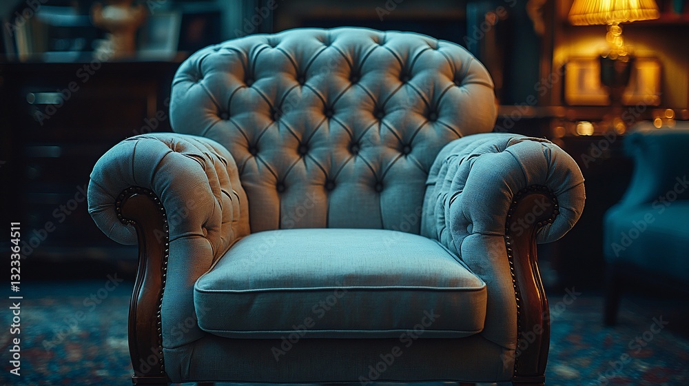 Obraz premium Cozy vintage armchair in a warmly lit room, surrounded by elegant decor and soft lighting