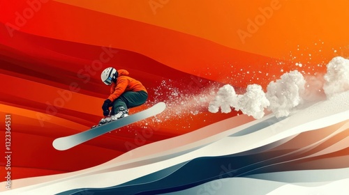 An exhilarating image of a snowboarder performing a jump against a vibrant, abstract background, capturing the essence of movement and winter thrill.