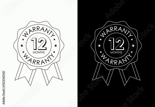 Advertising 12 months warranty gold and red color emblem, for label, icon, logo, badge, symbol, button