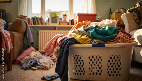 Overflowing laundry basket in cozy cluttered room, everyday life