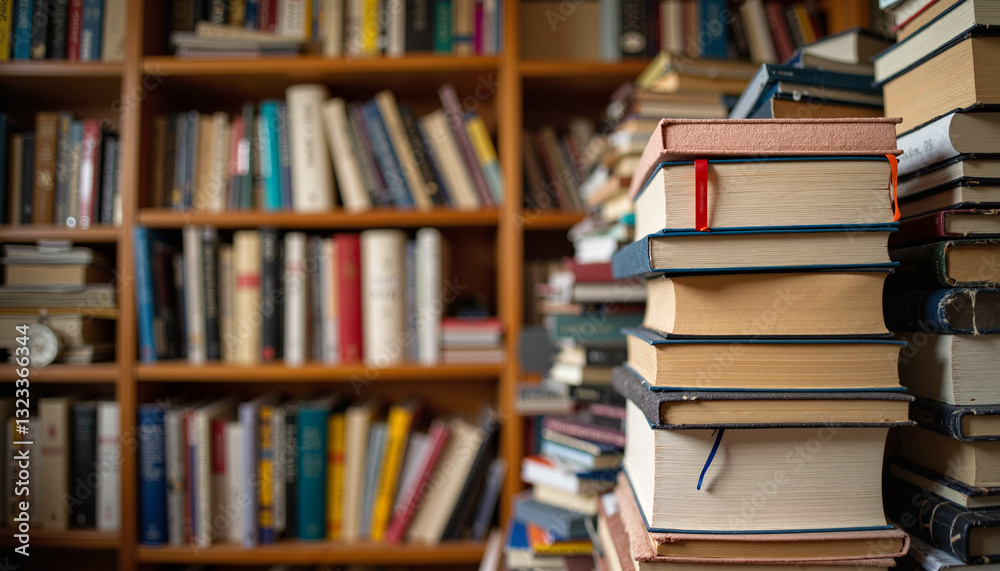 Cluttered bookshelf overflowing with books and decor, cozy ambiance Cluttered bookshelf overflowing with books and decor, cozy ambiance
