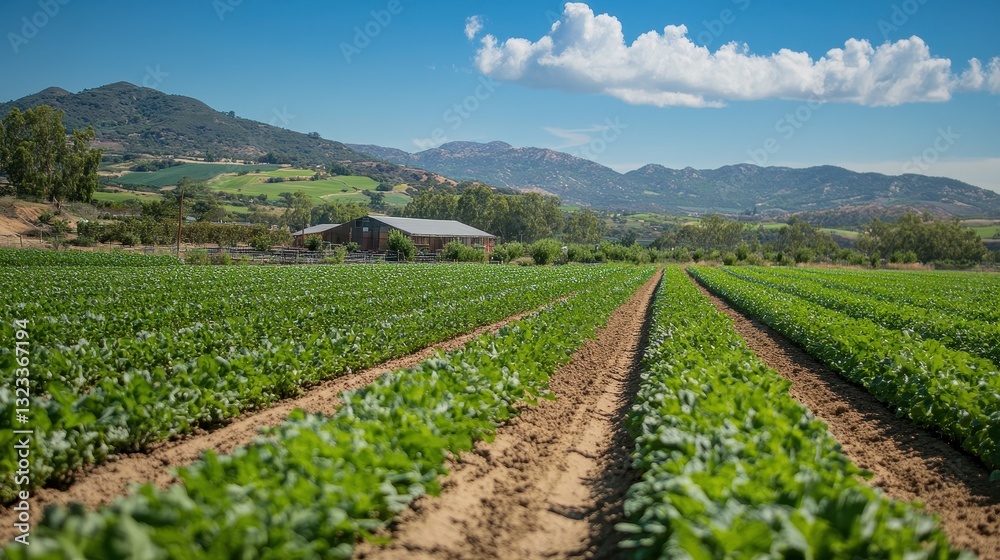 Vast farmland with rows of lush crops and a barn. Ideal for illustrating agriculture, farming, or healthy food concepts. Vast farmland with rows of lush crops and a barn. Ideal for illustrating agriculture, farming, or healthy food concepts.