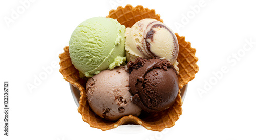 Four Scoops of Assorted Ice Cream in Waffle Bowl Isolated on Transparent Background