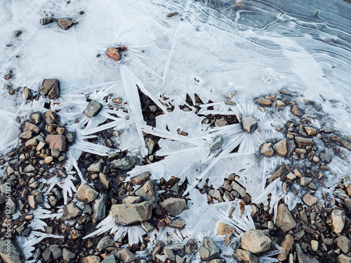 Frozen ice pattern on the shore of a lake photo