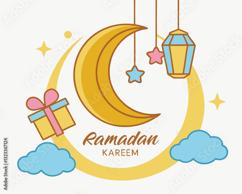 Ramadan Kareem Illustration – Crescent Moon, Lantern, Gift, and Stars Design