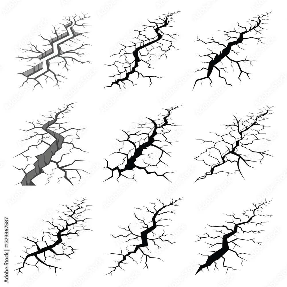 Obraz premium Set of Ground Cracks and Earth Fissures. Earthquake Cracks, Broken Ground, and Surface Ruptures.