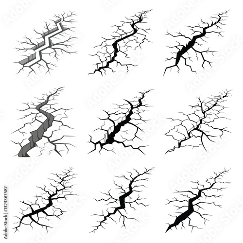 Set of Ground Cracks and Earth Fissures. Earthquake Cracks, Broken Ground, and Surface Ruptures.