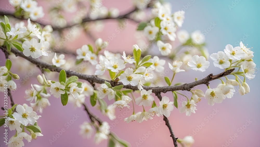Delicate white flowers on a slender branch with vibrant pastel background, featuring soft pinks and blues, capturing the essence of springtime. Delicate white flowers on a slender branch with vibrant pastel background, featuring soft pinks and blues, capturing the essence of springtime.