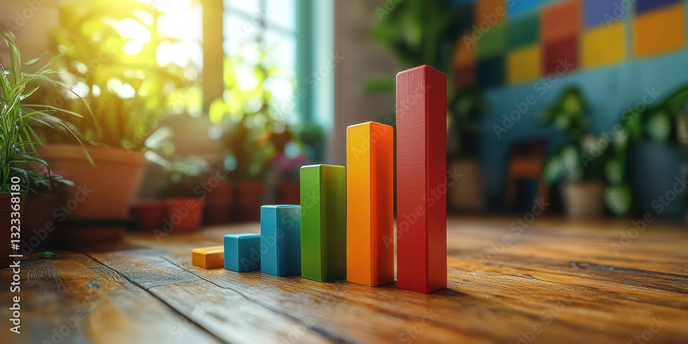 Analyzing business growth trends with colorful bar graphs in a bright office space Analyzing business growth trends with colorful bar graphs in a bright office space