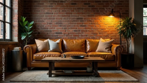 Relaxing Evening in a Cozy Leather Sofa Living Room with Exposed Brick Walls and Warm Lighting