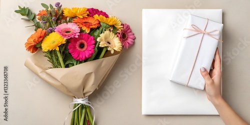 A hand holding a colorful flower bouquet next to a wrapped gift with a pink ribbon on a white background. Elegant floral and present branding template for celebrations.