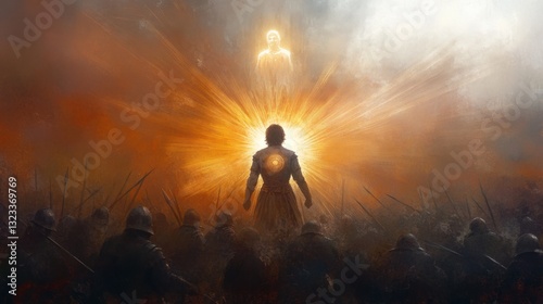 An epic fantasy scene depicting a radiant figure emanating light, standing before a line of soldiers, symbolizing hope, courage, and the fighting spirit amidst chaos.