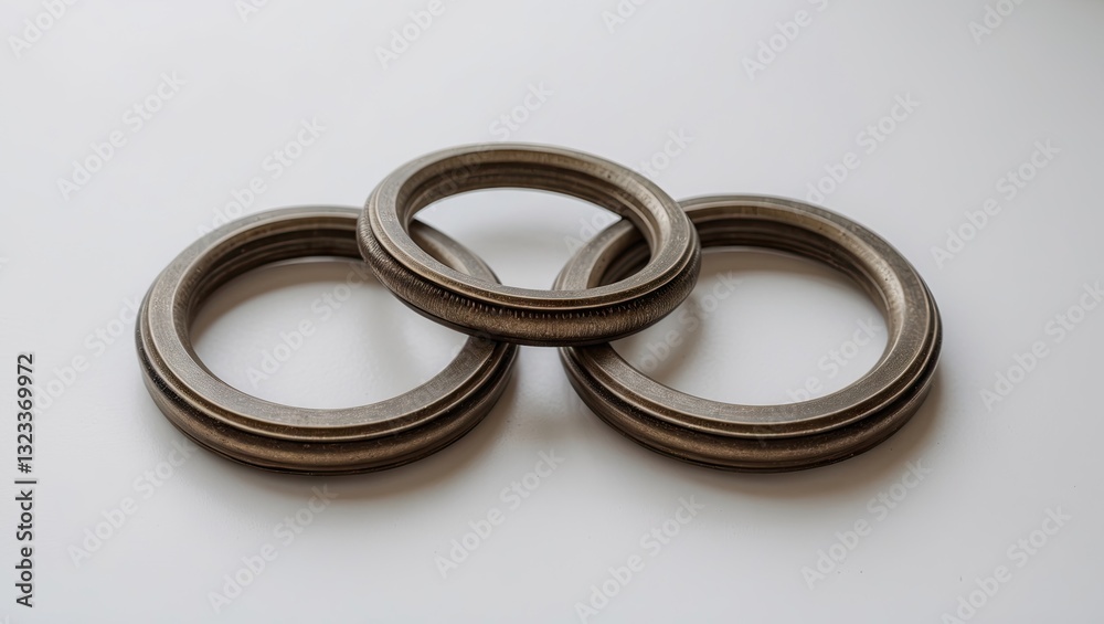 Three metallic curtain rings arranged in a triangle on a smooth white background showcasing a textured bronze finish and clean lines. Three metallic curtain rings arranged in a triangle on a smooth white background showcasing a textured bronze finish and clean lines.