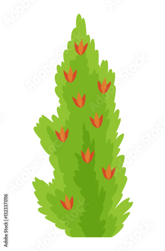 Bush with flowers icon. Cartoon forest and park shrubbery with floral elements. Landscape scene create element. Vector cartoon illustration