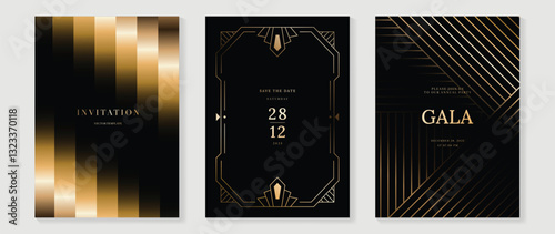 Luxury invitation card background vector. Golden elegant wavy gold line pattern on black background. Premium design illustration for wedding, vip cover template, grand opening, flyer.