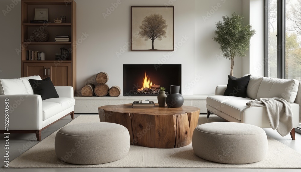 Fototapeta premium This inviting living room features sleek white sofas and a stunning wooden coffee table, creating a perfect blend of comfort and style. The warm glow of the fireplace and natural elements like the
