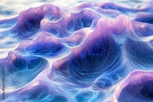 A wavy holographic landscape in blue and purple, hyper-realistic macro photography showcasing intricate textures and details. photo