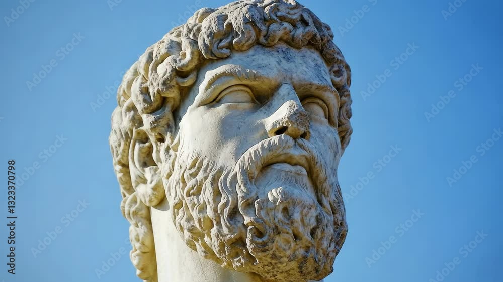 Ancient statue of philosopher with curly beard and serene expression under clear blue sky Ancient statue of philosopher with curly beard and serene expression under clear blue sky