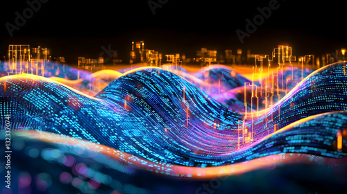 Abstract Digital Data Visualization Of Blue And Orange Wavy Patterns With Grid Structures On Black Background
