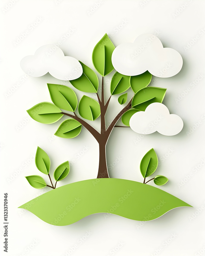 A stylized paper cut-out illustration of a tree on a hill with clouds A stylized paper cut-out illustration of a tree on a hill with clouds