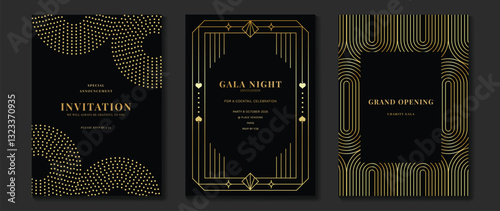 Luxury invitation card background vector. Golden elegant wavy gold line pattern on black background. Premium design illustration for wedding, vip cover template, grand opening, flyer.