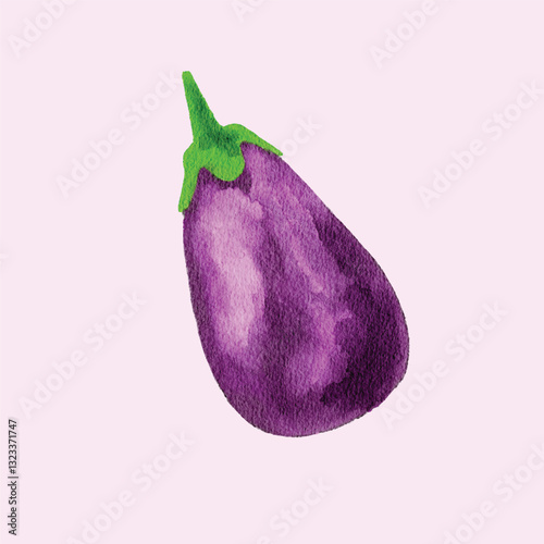Watercolor illustration of a eggplant with a green stem against a light background