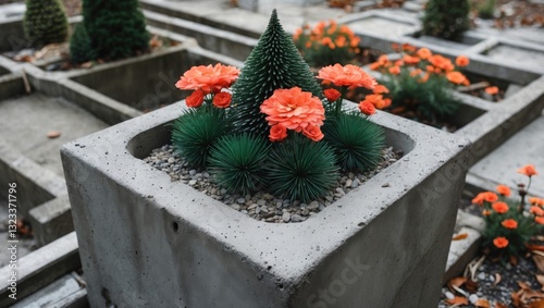 Decorative concrete flower cube with vibrant orange flowers and a green pine tree at the center surrounded by pebbles against a blurred background. photo