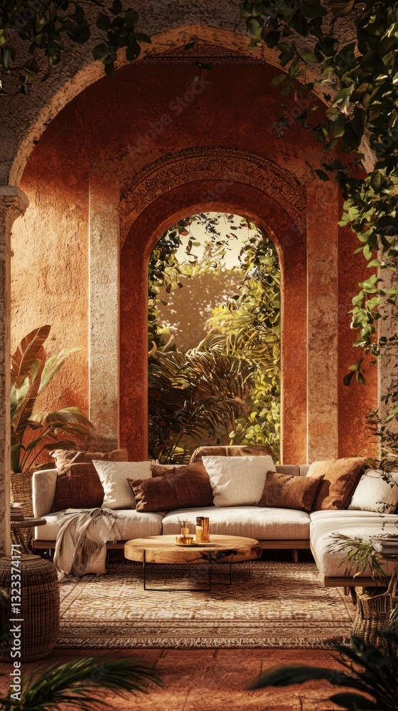 Boho lounge with earthy tones and gradient frame background.