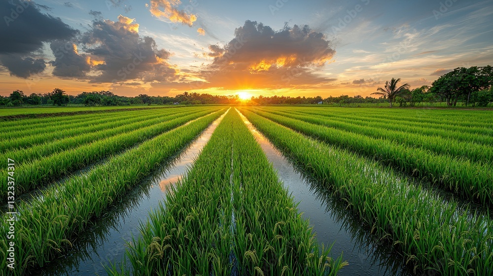 Obraz premium Serene Fields at Sunset with Vibrant Cloud Reflections