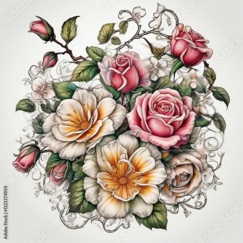 Romantic Rose Bouquet: A vibrant and delicate floral arrangement showcasing an array of roses in full bloom, capturing the essence of love and beauty.