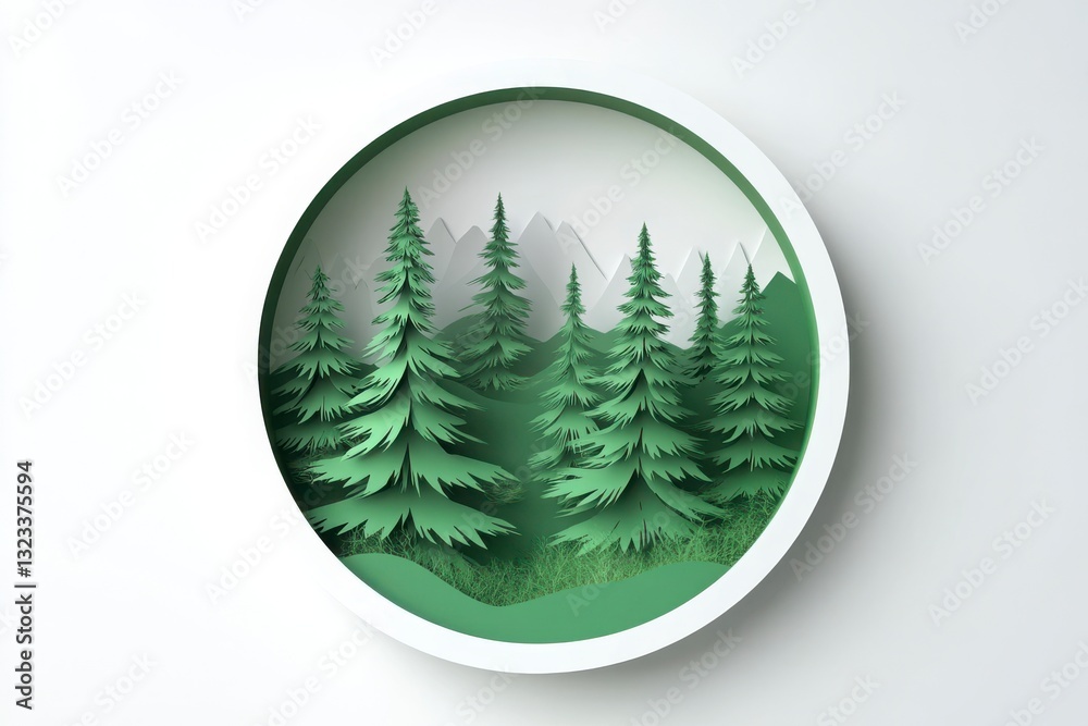 Obraz premium The image is a paper cutout of a forest with trees and mountains in the background. Scene is peaceful and serene, as the trees are arranged in a circular pattern