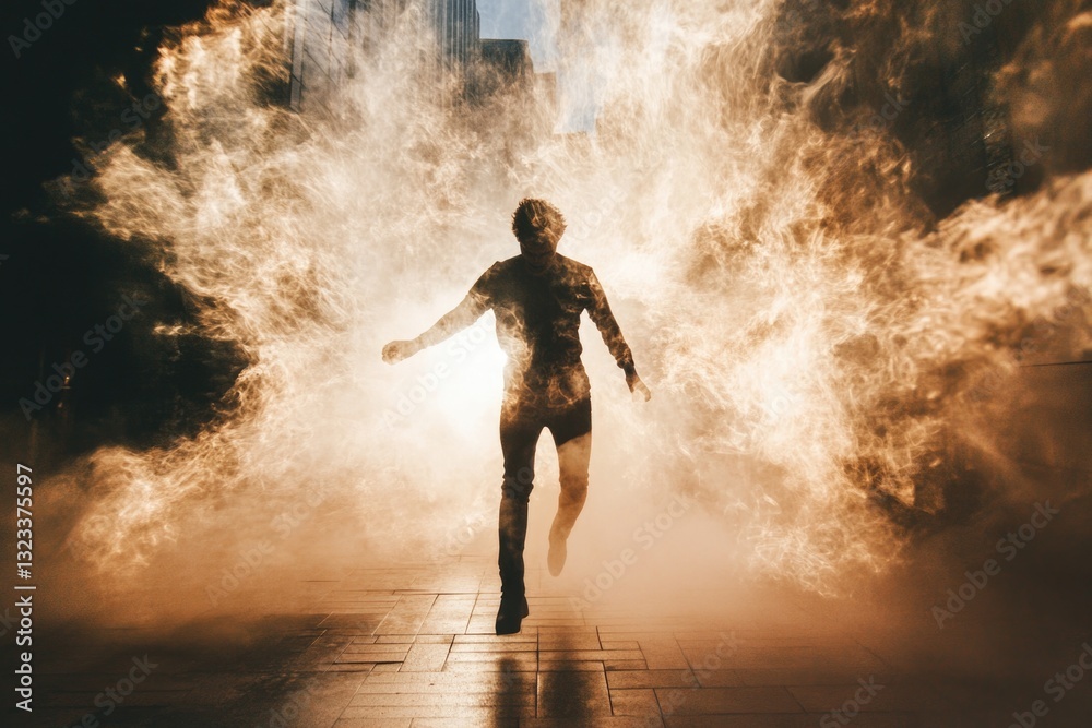 Fototapeta premium A person navigates through a thick cloud of smoke, with no clear view ahead